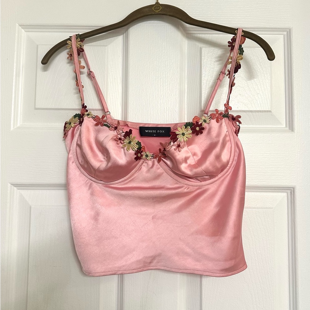 White Fox Boutique Pink Floral Embroidered Tank Top